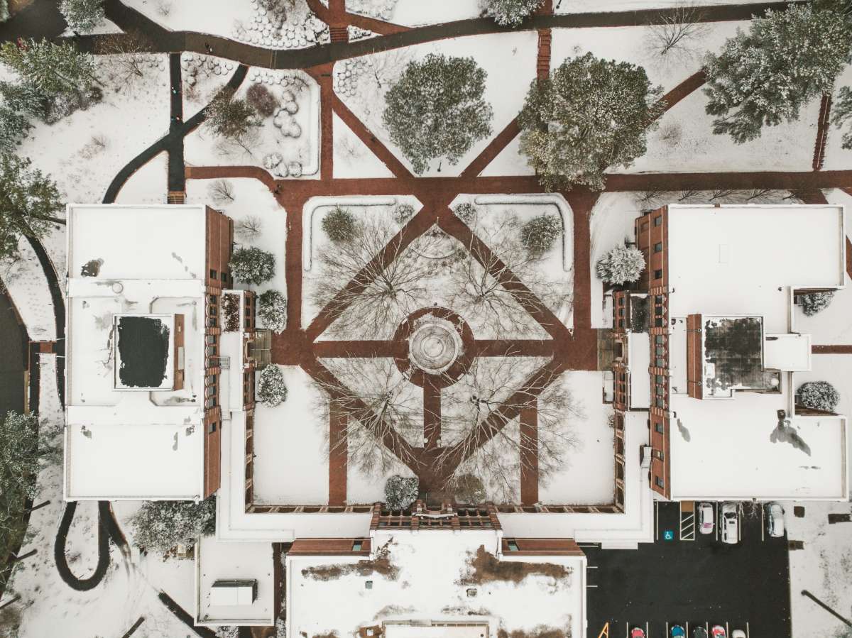 05 University of Richmond UofR - Virginia - Campus School - Lake Winter Snow - Aerial Nature Trail.JPG
